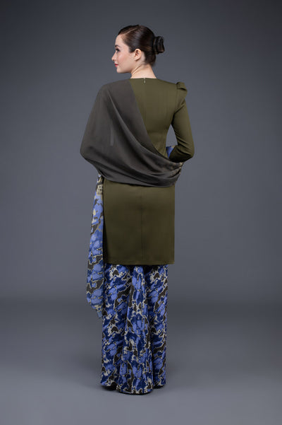 RR Baju Kurung Modern Camo Shawl Set in Green Blue