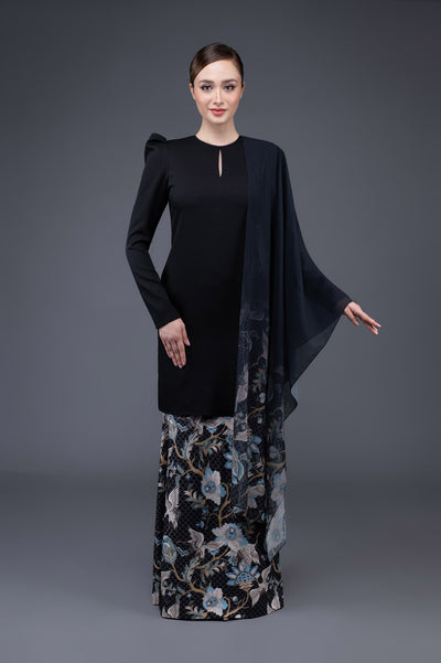 RR Baju Kurung Modern Oriental Shawl Set in Black